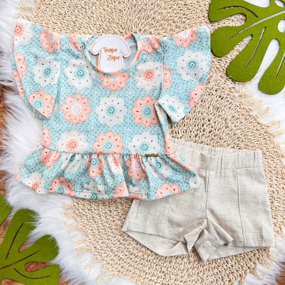 Conj. Blusa Favinho Floral e Short em Linho - Azul